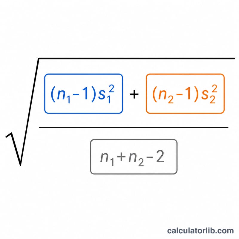 Formula breakdown showing weighted variances over pooled degrees of freedom