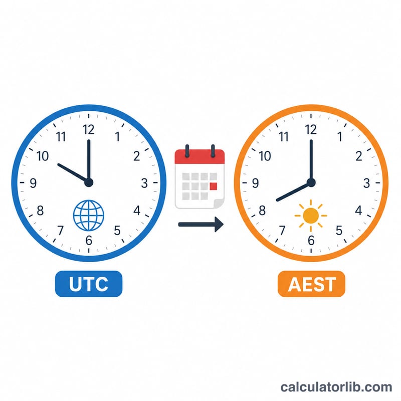 Two clocks comparing UTC and AEST with a next-day rollover indicator