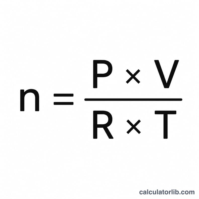 Formula n equals P times V divided by R times T