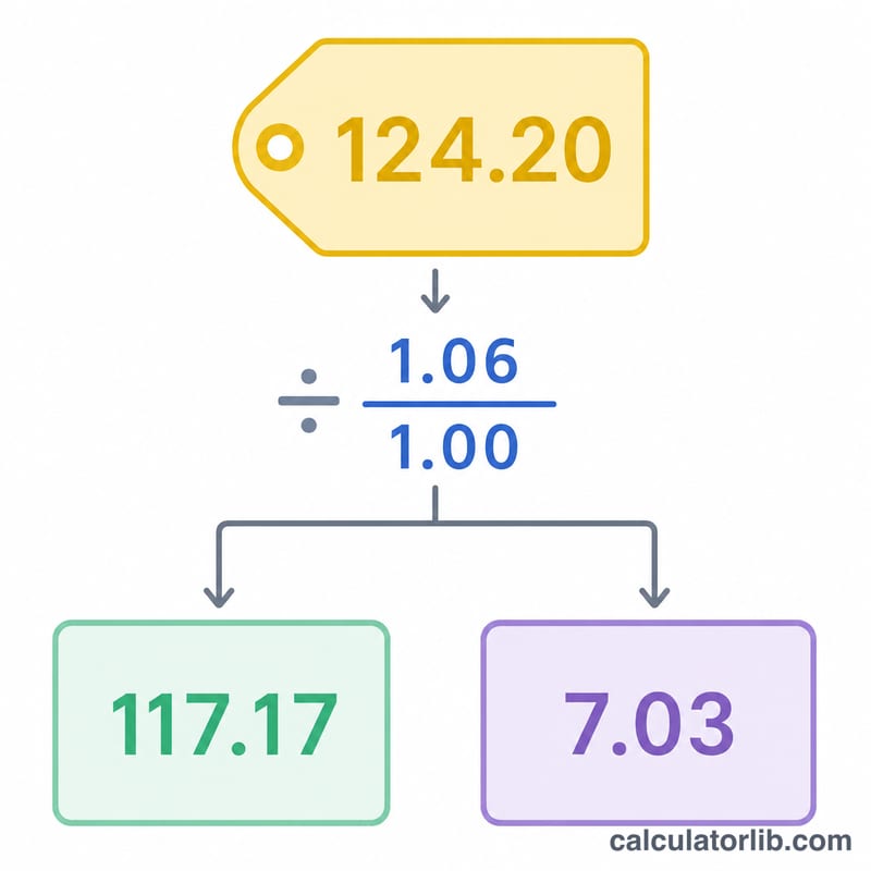 Step diagram dividing a total price by one plus the rate to get pre-tax price and tax