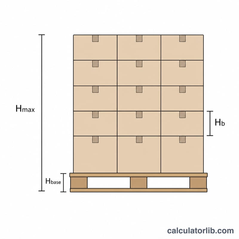 Side view of stacked box layers on a pallet showing max height, pallet base height and box height