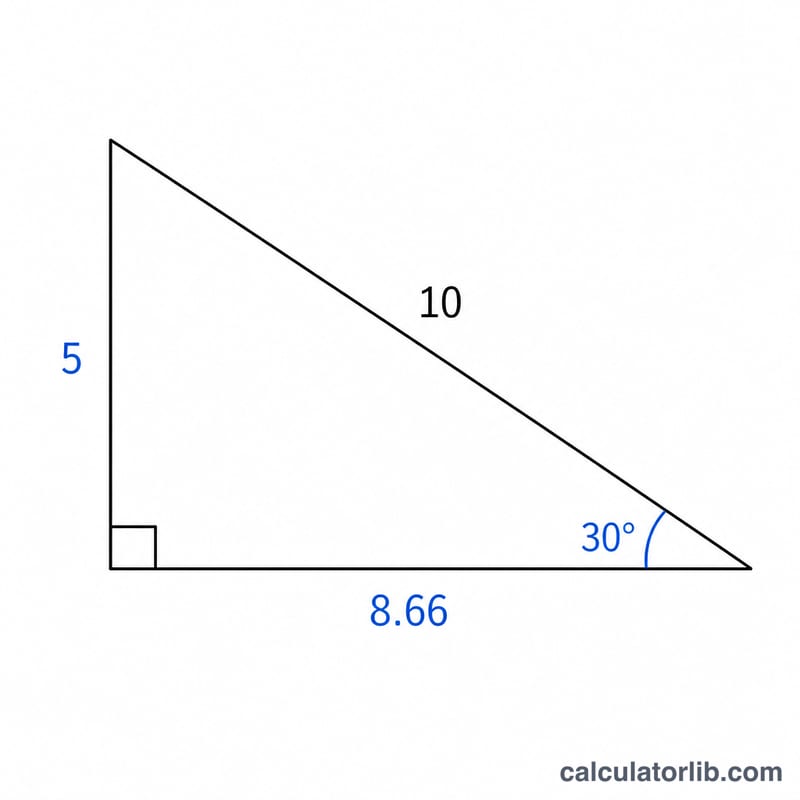 Right triangle example with hypotenuse 10 and angle 30 degrees showing computed legs