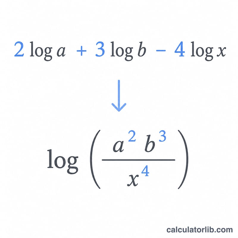 Step diagram combining multiple log terms into one logarithm of a fraction