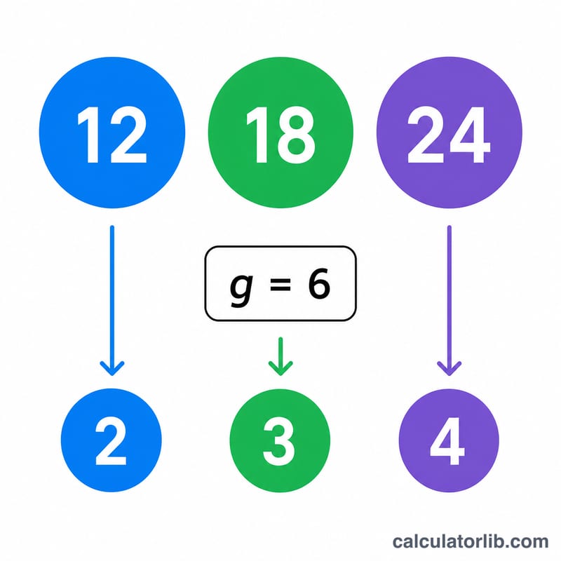 Worked example showing three numbers reduced by their greatest common divisor