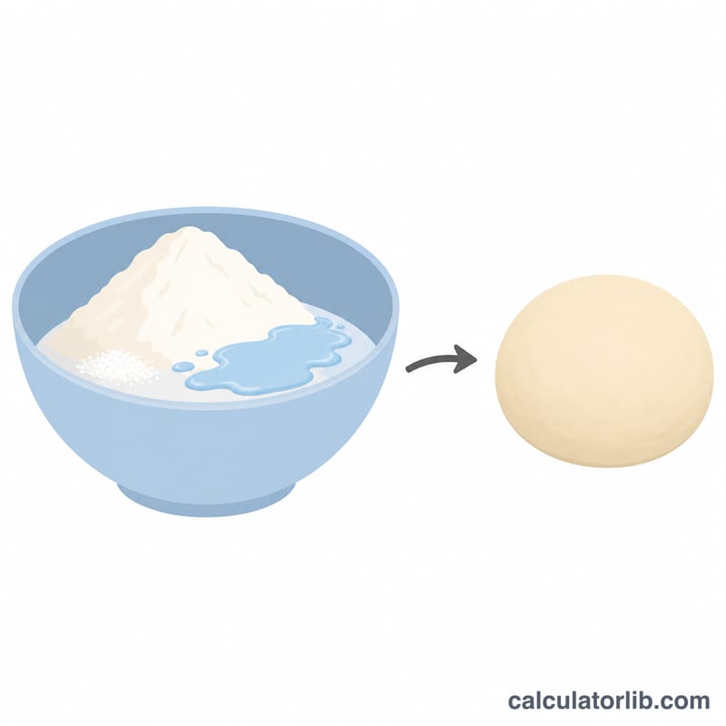 Mixing bowl with flour, salt and water combining into a ball of dough