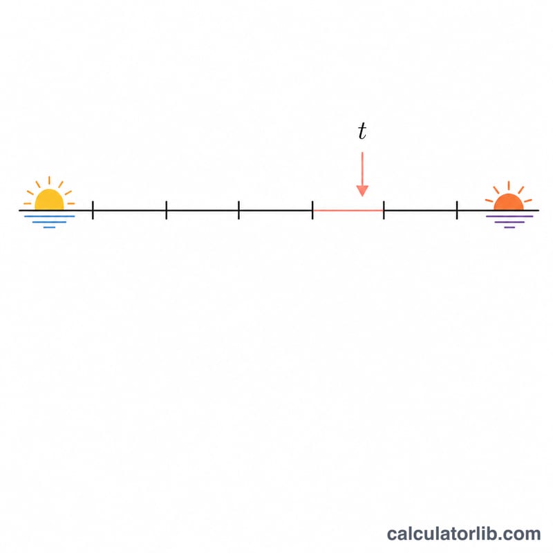 Number line showing the interval from sunrise to sunset divided into six equal segments with formula symbols