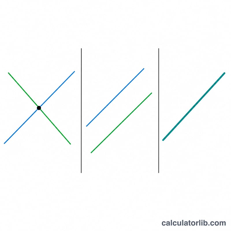 Three outcome cases of a linear equation: one solution, no solution, infinitely many