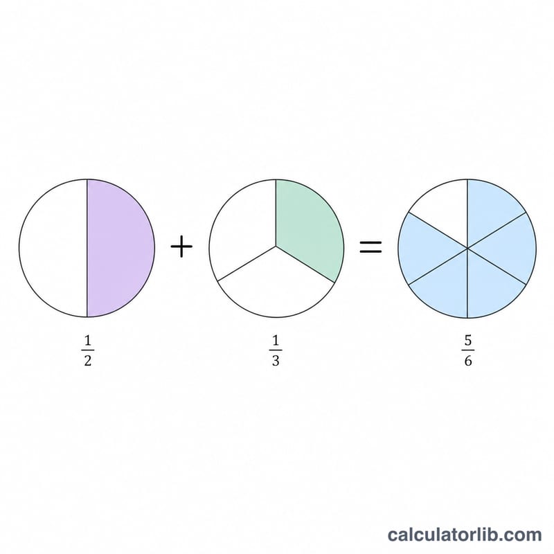Pie chart fraction bars illustrating one half plus one third equals five sixths
