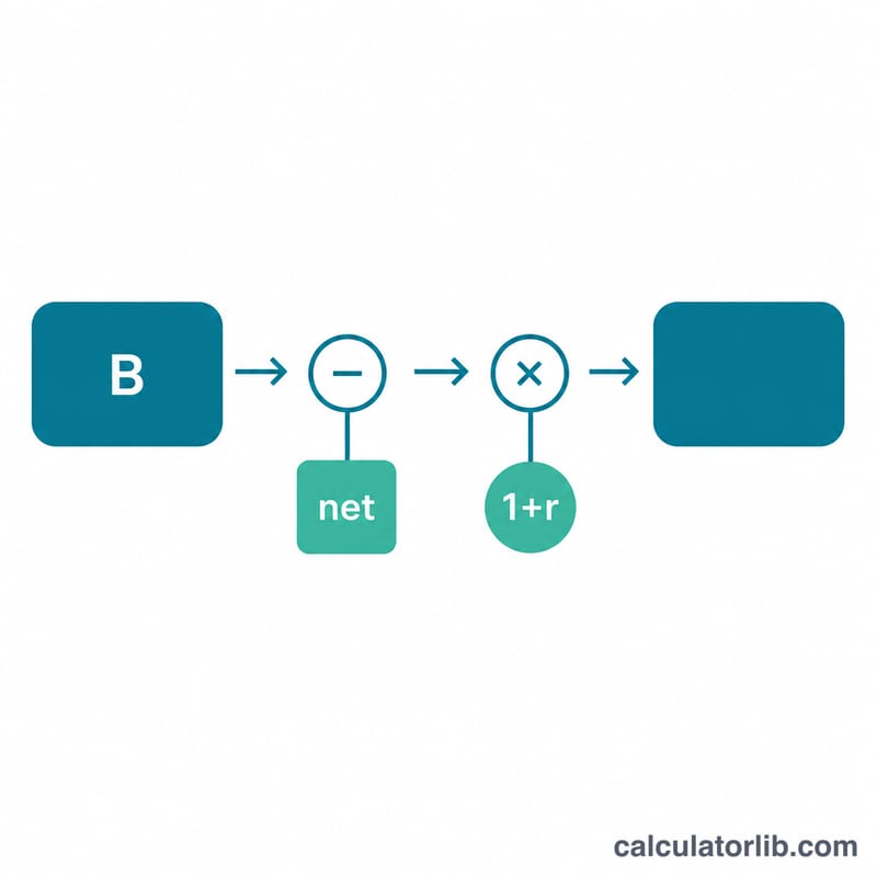 Diagram showing a balance reduced by net withdrawal then multiplied by interest growth each month