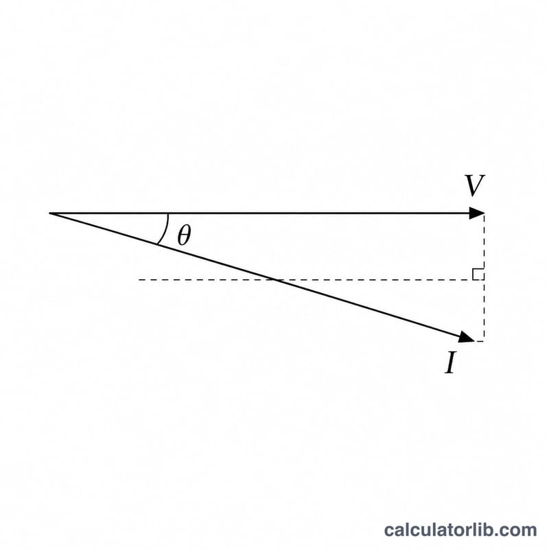Phasor diagram of voltage V and current I separated by angle theta illustrating power factor