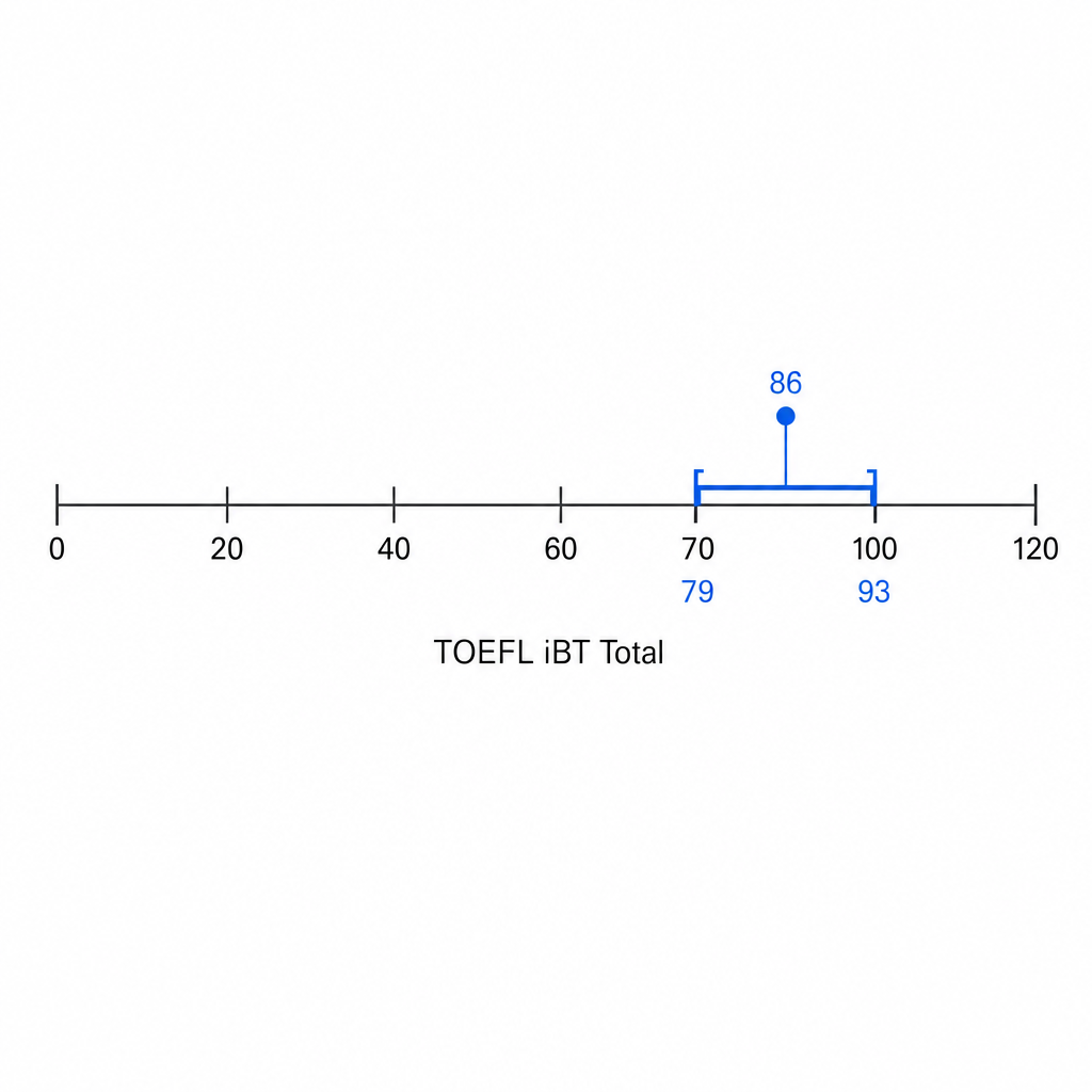 Horizontal TOEFL iBT scale highlighting a single converted score range
