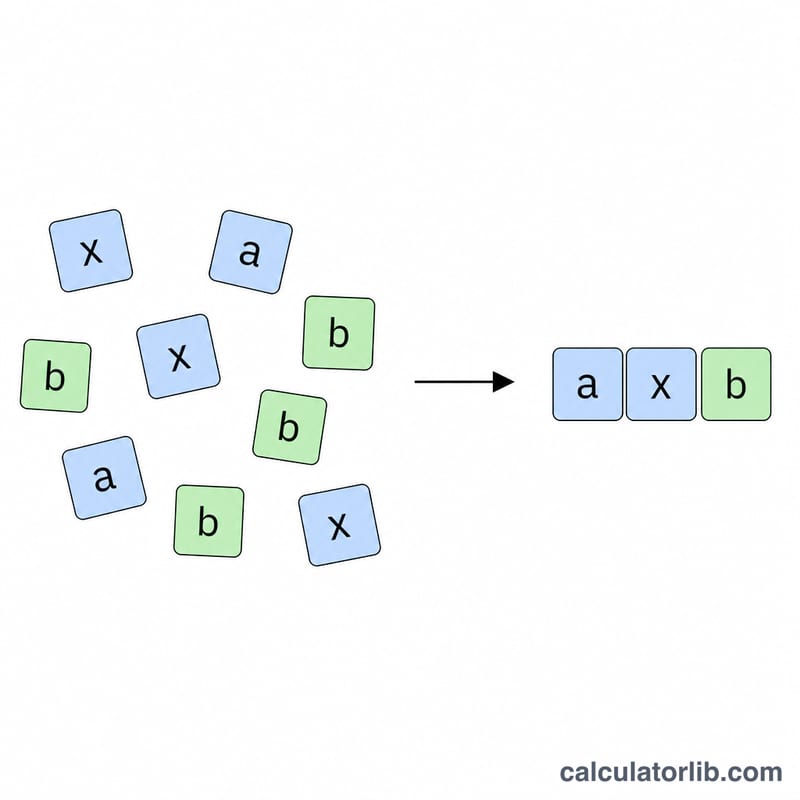 Flat diagram showing scattered like terms being grouped and combined into a single simplified ax plus b form