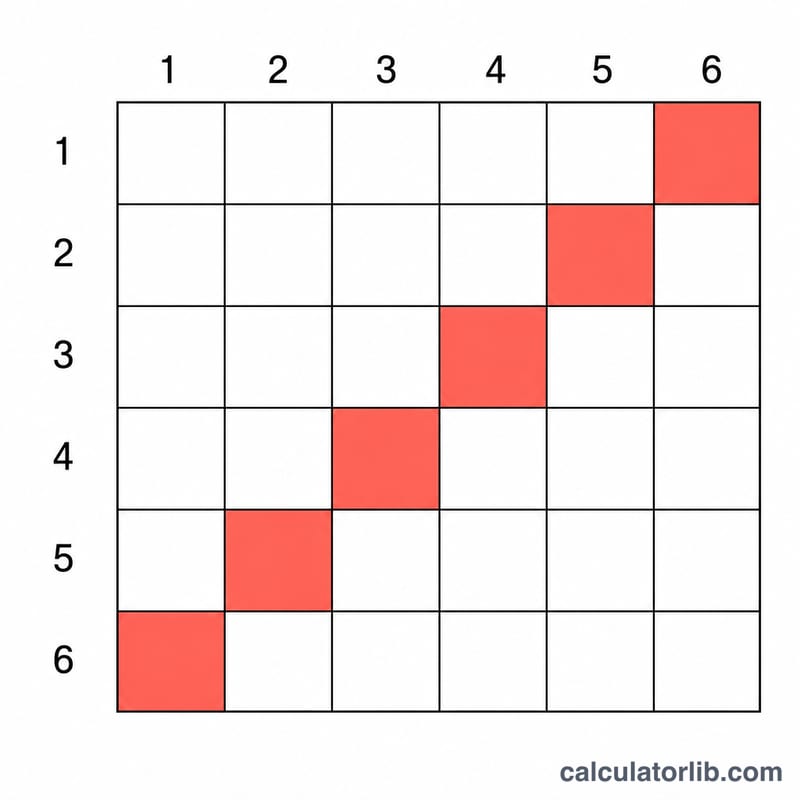 2つのサイコロの出目を表す6×6のグリッドで、特定の合計のマスがハイライトされている
