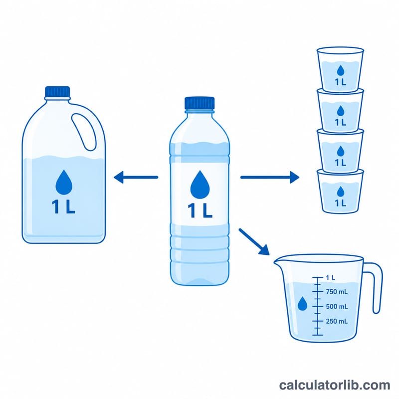 Water volume shown converted between liters, cups and fluid ounces