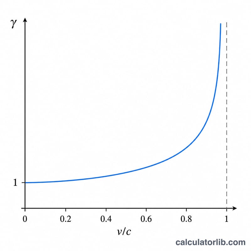 Lorentz factor gamma rising sharply as velocity approaches the speed of light
