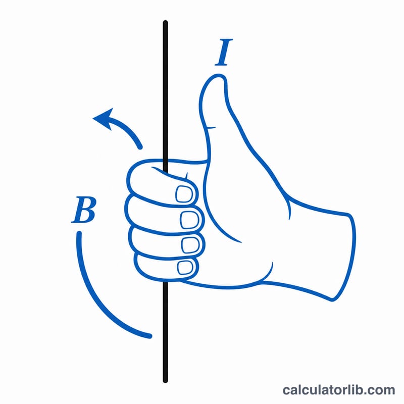 Regla de la mano derecha para un cable recto, con el pulgar en la corriente y los dedos curvándose en el campo
