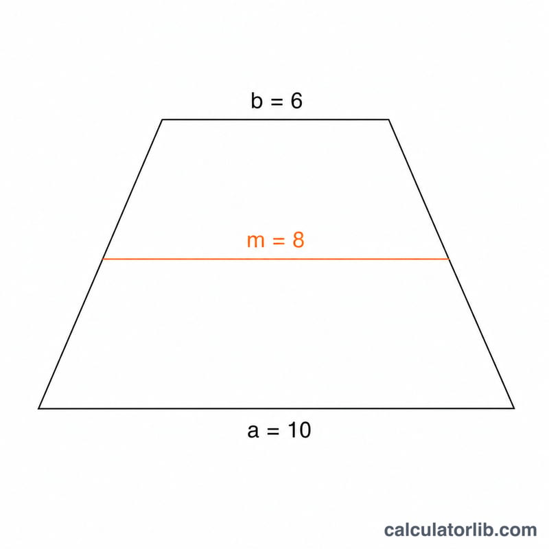 Trapezoid with example numeric values for the two bases and resulting median