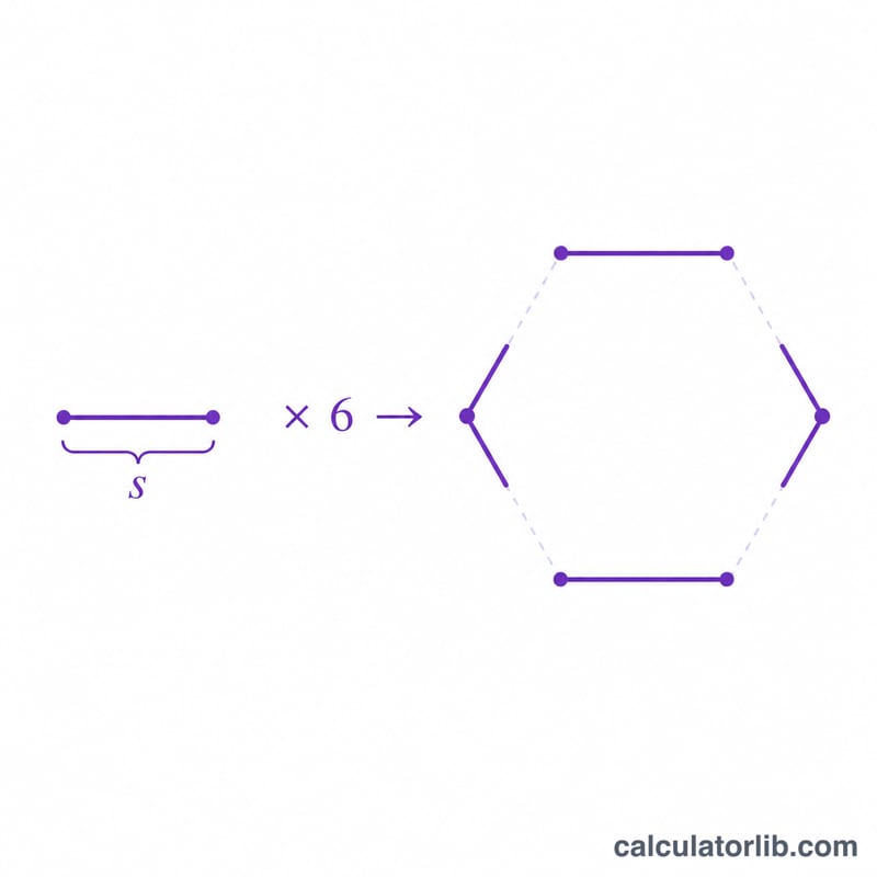 Six equal hexagon sides combining to form the total perimeter