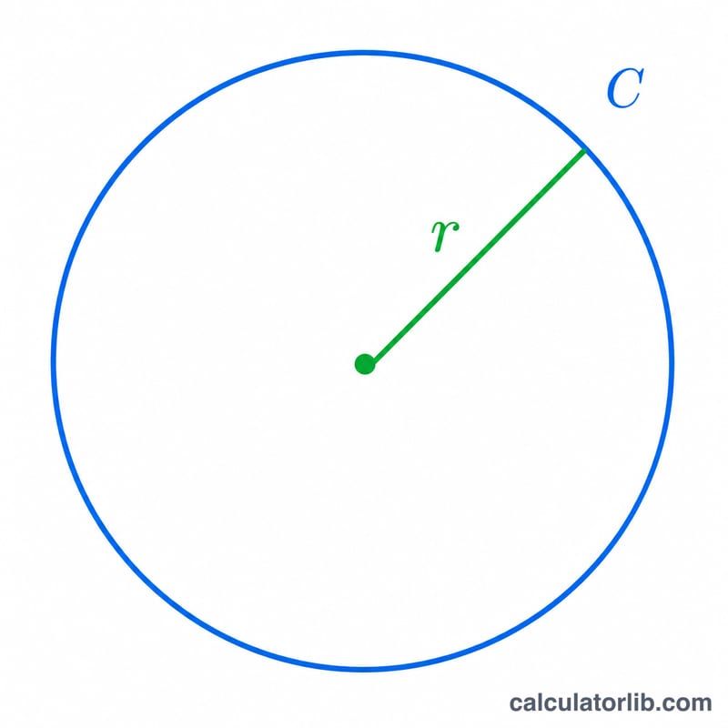 Circle showing radius r and diameter with circumference formula relationship
