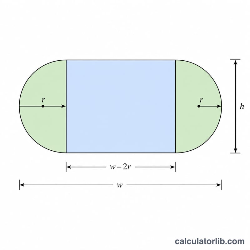 Front cross-section of stadium shape split into a central rectangle and two semicircles forming a full circle