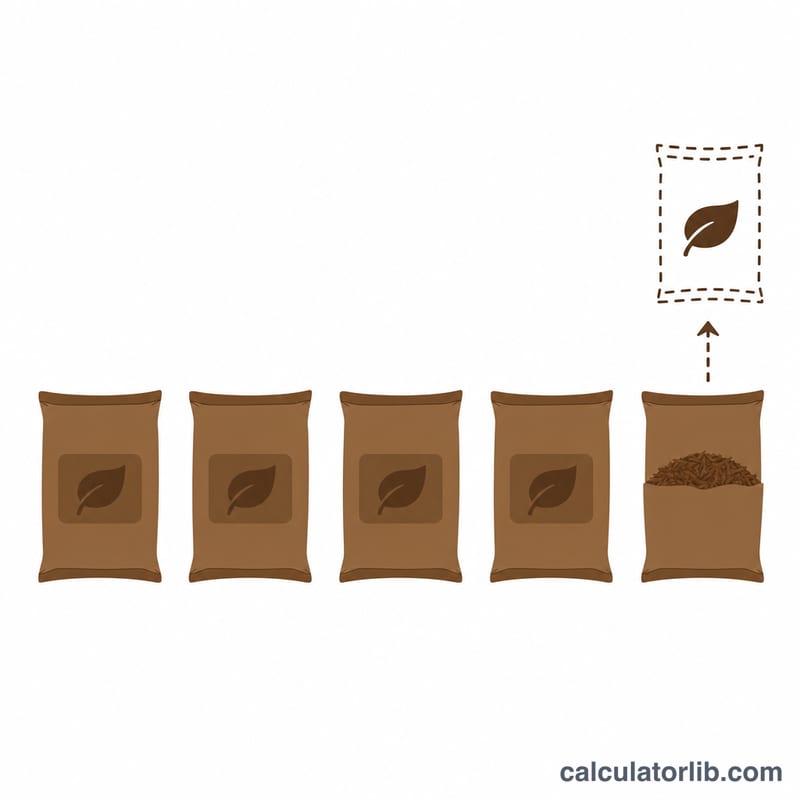 Bed area divided into mulch bags showing the rounding up to a whole number of bags