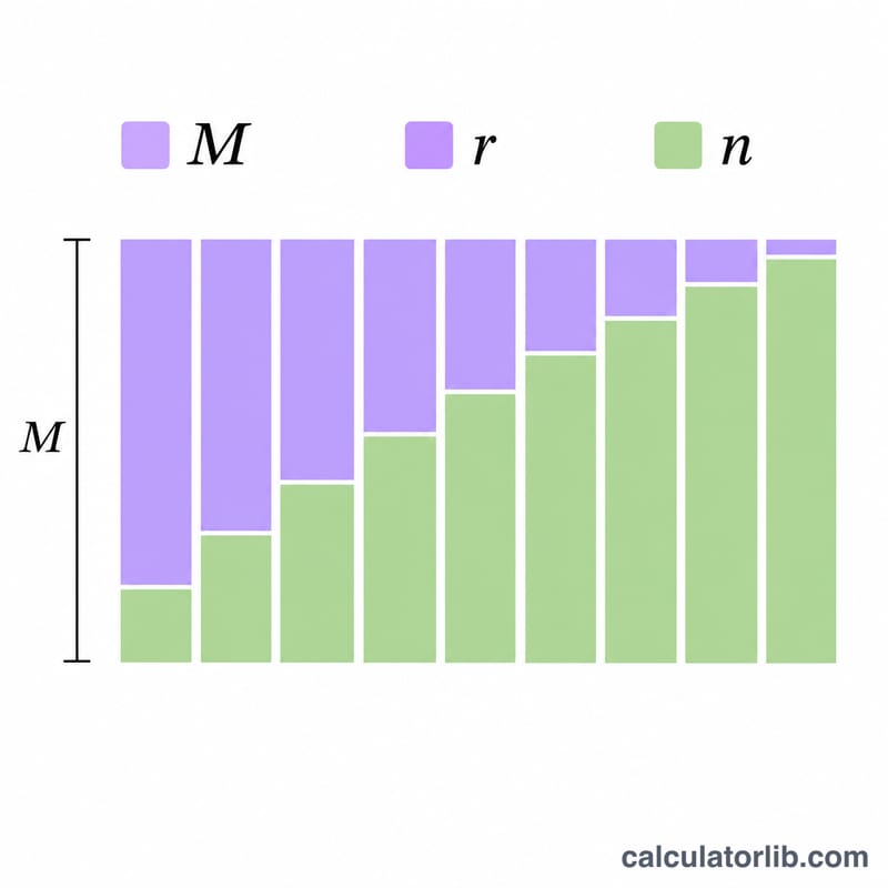 Diagram of amortizing loan payment formula relating principal, rate, and number of payments