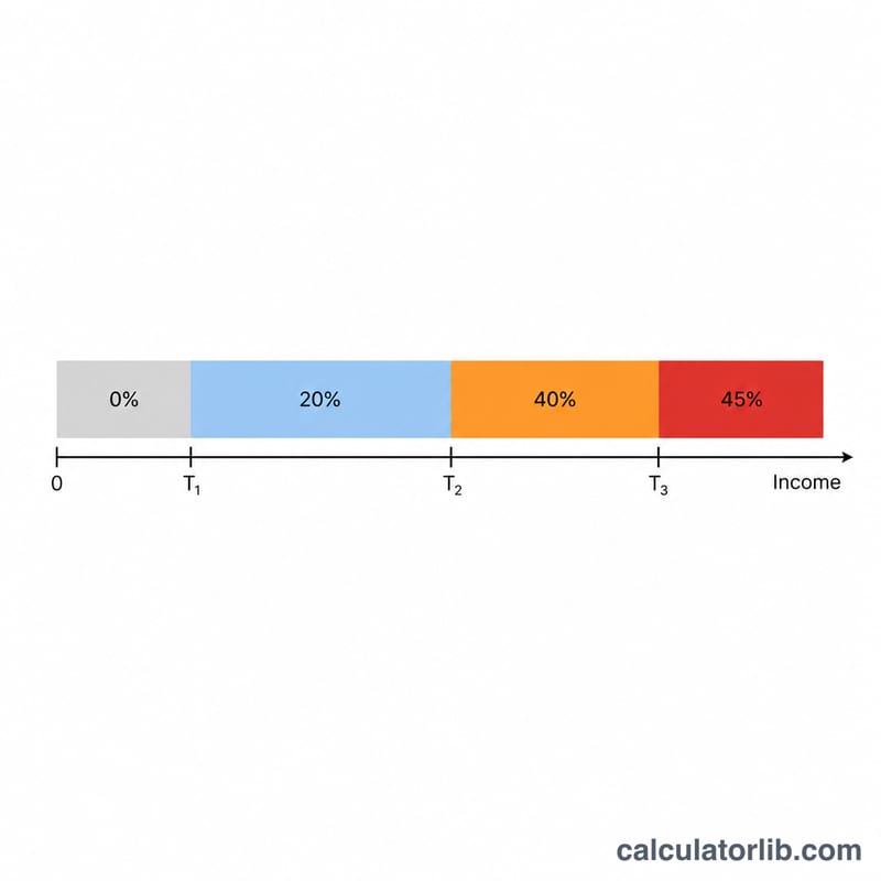 Flat horizontal axis showing UK income tax bands with personal allowance, basic rate and higher rate thresholds