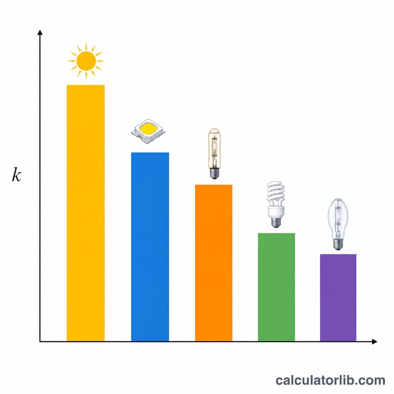 Biểu đồ cột hệ số chuyển đổi lux sang PPFD cho ánh sáng mặt trời, LED, HPS và các nguồn khác