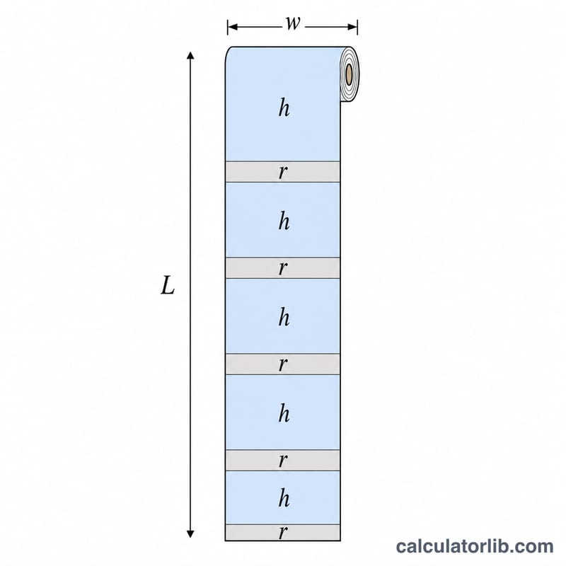 A wallpaper roll divided into usable strips with pattern repeat waste highlighted