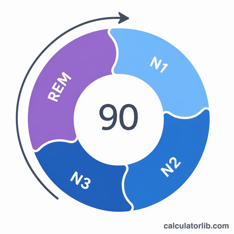 Circular diagram of one 90-minute sleep cycle divided into light, deep and REM sleep stages