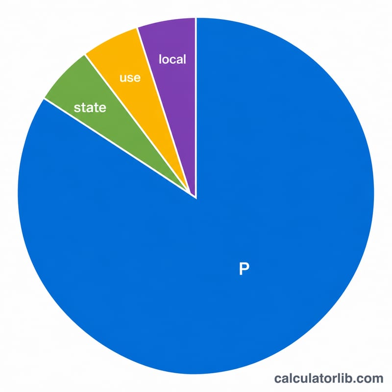 Pie chart showing pre-tax price portion and three smaller tax slices of the total