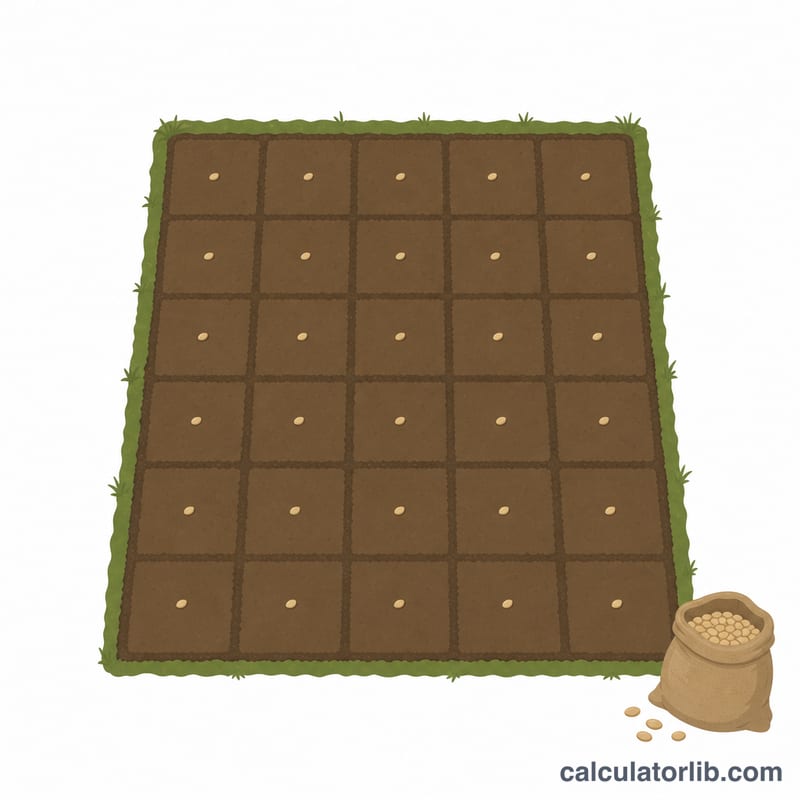 Field plot with evenly distributed seeds and a seed bag