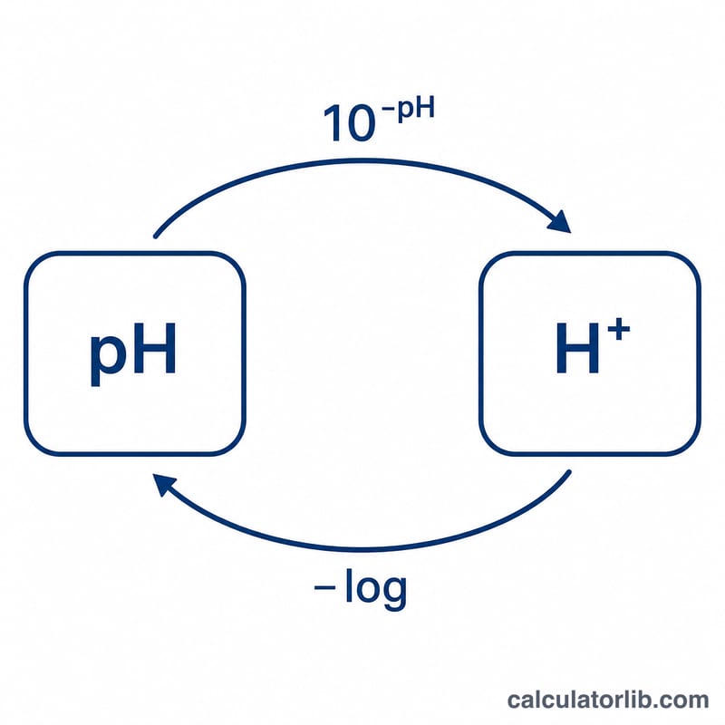Two arrows showing pH converting to H plus concentration and back via power of ten and negative log