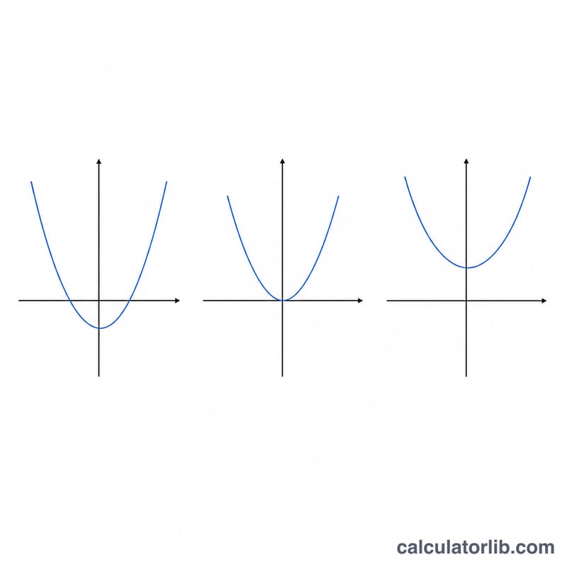 Three quadratics showing two real roots, one repeated root, and no real roots