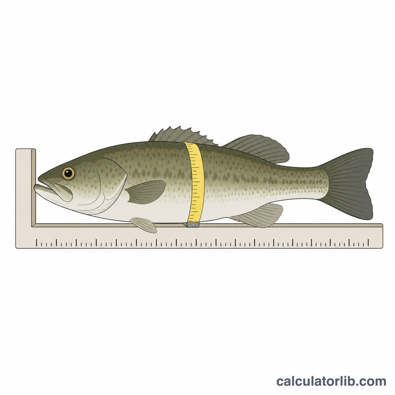 Diagram showing a fish on a measuring board with a ruler and a measuring tape around its body