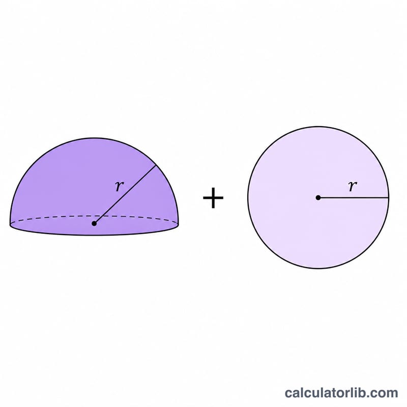Decomposition of hemisphere total area into curved area 2 pi r squared and base circle pi r squared