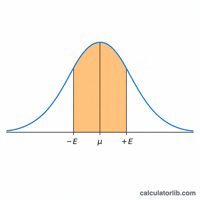 Normal distribution bell curve with a central mean and symmetric margin of error band shaded around it