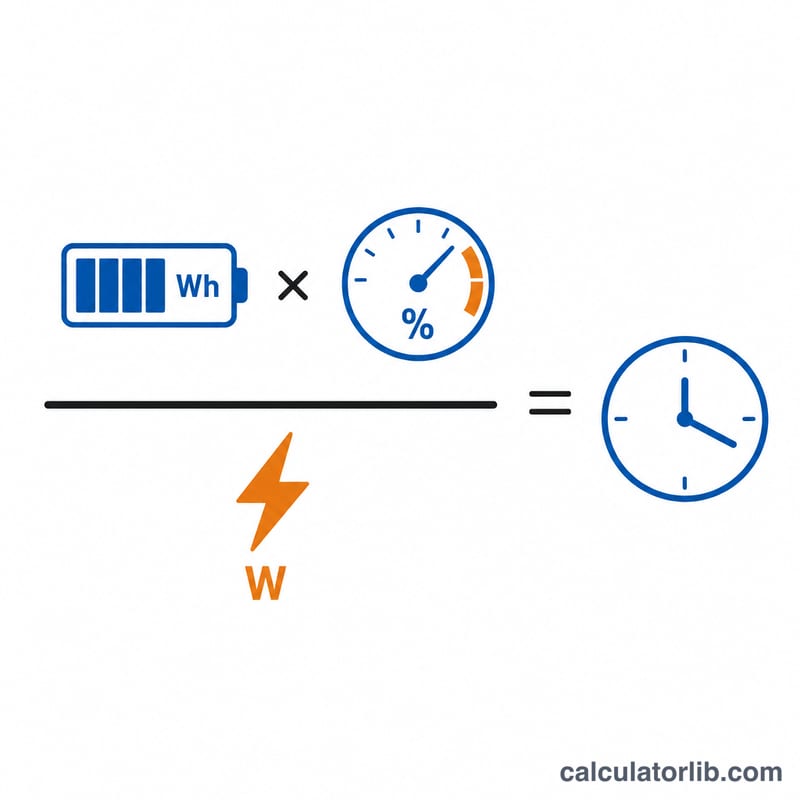 Phân số minh họa watt-giờ nhân hiệu suất chia cho watt tải bằng thời gian sử dụng