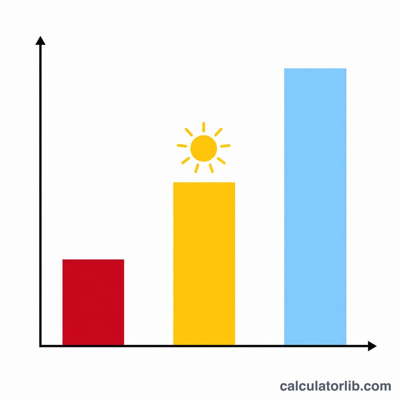 Comparación de barras de la luminosidad de una estrella pequeña y fría, el Sol y una estrella grande y caliente