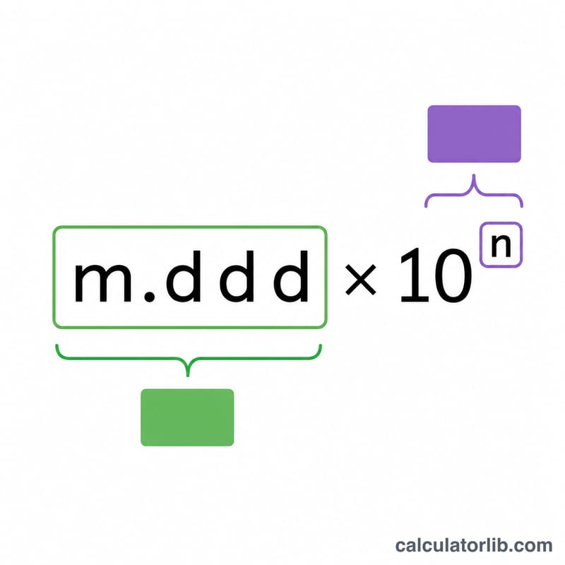 Scientific notation broken into mantissa and exponent parts