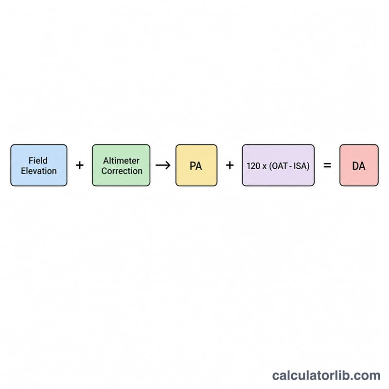 Block diagram of the density altitude formula from elevation to PA to DA