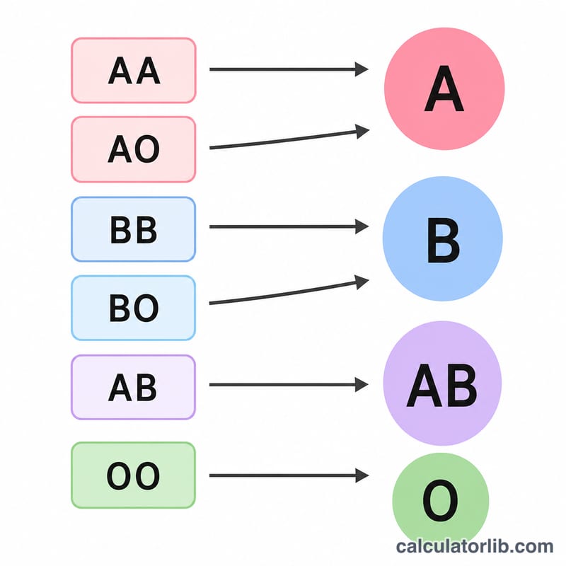 ABO対立遺伝子の組み合わせを4つの血液型表現型に対応させた図
