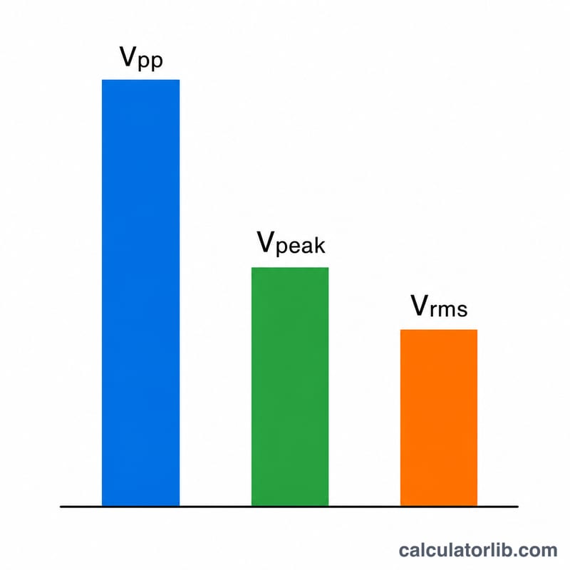 Relationship between Vpp, Vpeak and Vrms shown as proportional bars