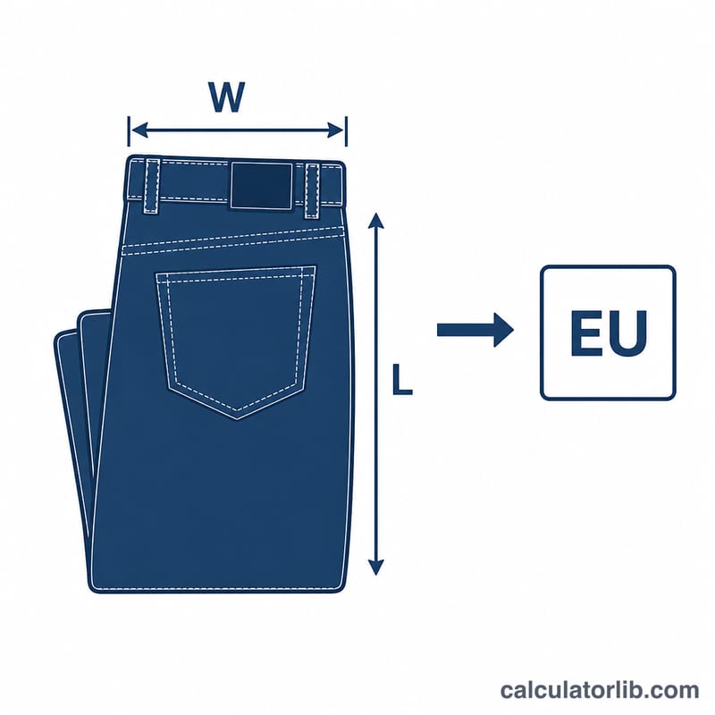 Diagrama del tallaje de vaqueros W x L y conversión de cintura europea
