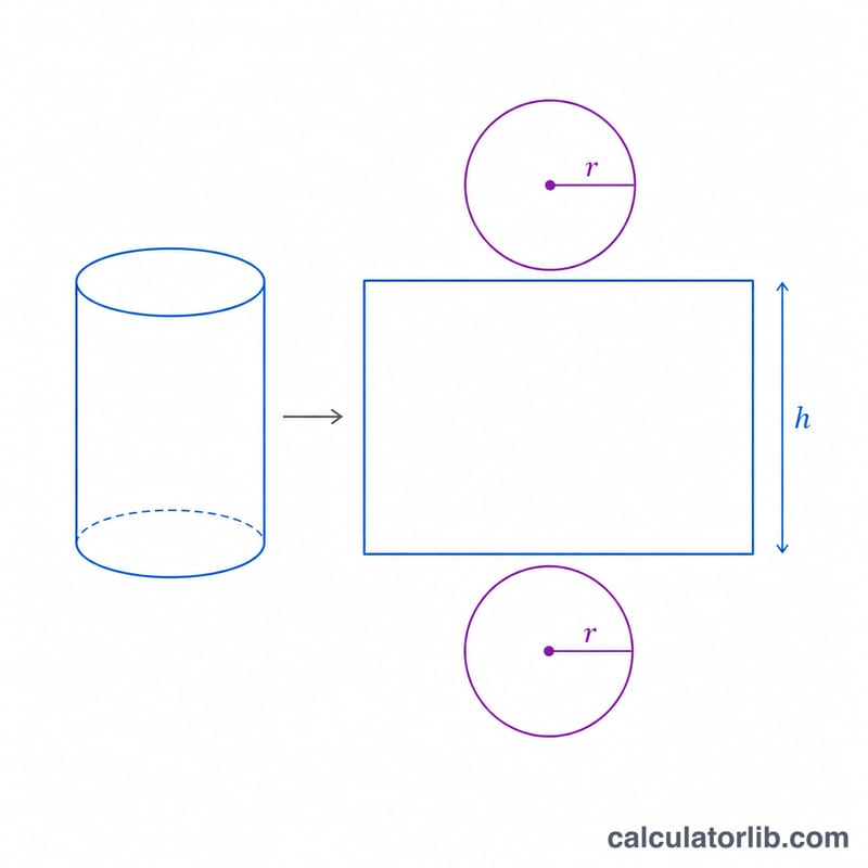 Cylinder split into lateral surface plus top and bottom circular caps
