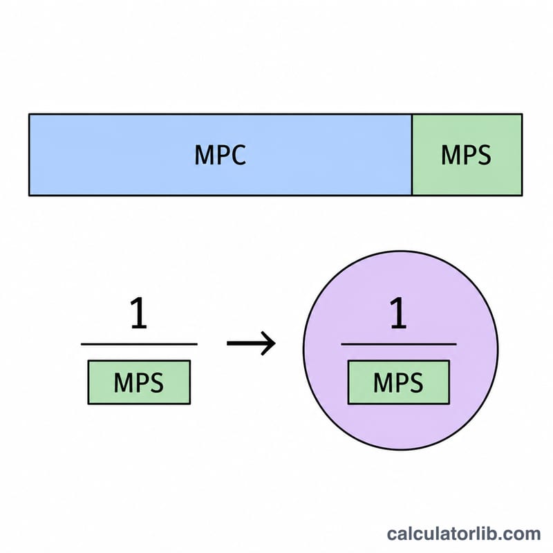 Flat diagram of the multiplier formula relationship between MPC, MPS and the multiplier