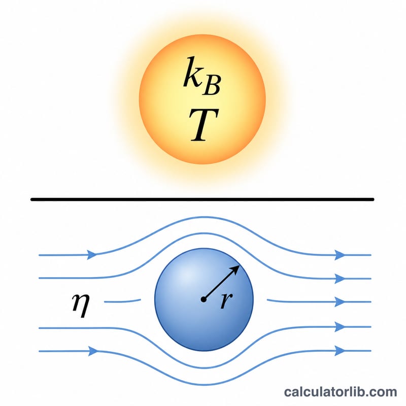 Diagram showing the Stokes-Einstein relationship: numerator thermal energy kB times T, denominator viscous drag 6 pi eta r