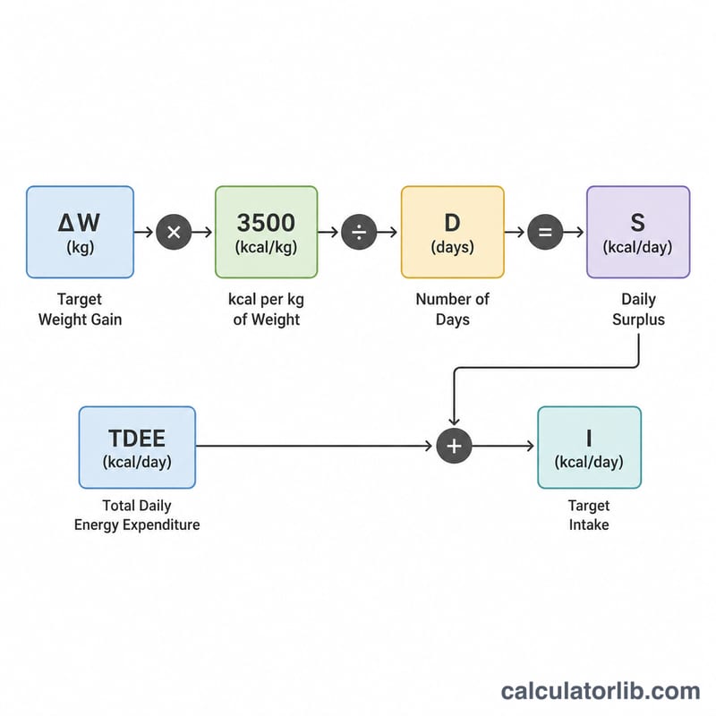 Flowchart converting target weight gain into a daily surplus and target calorie intake