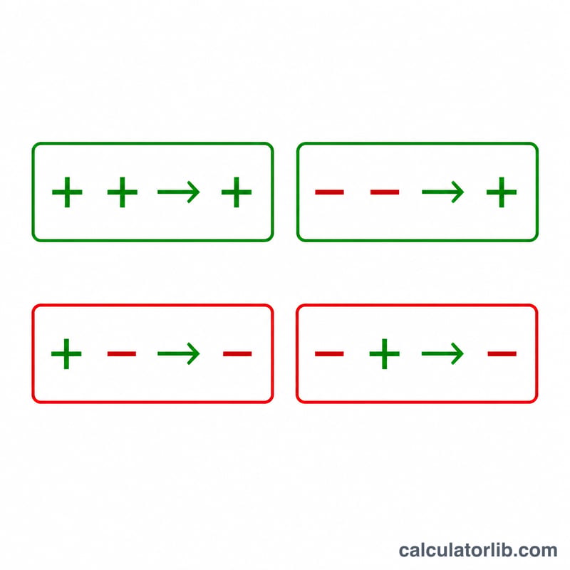 Diagram of integer sign rules for two adjacent signs