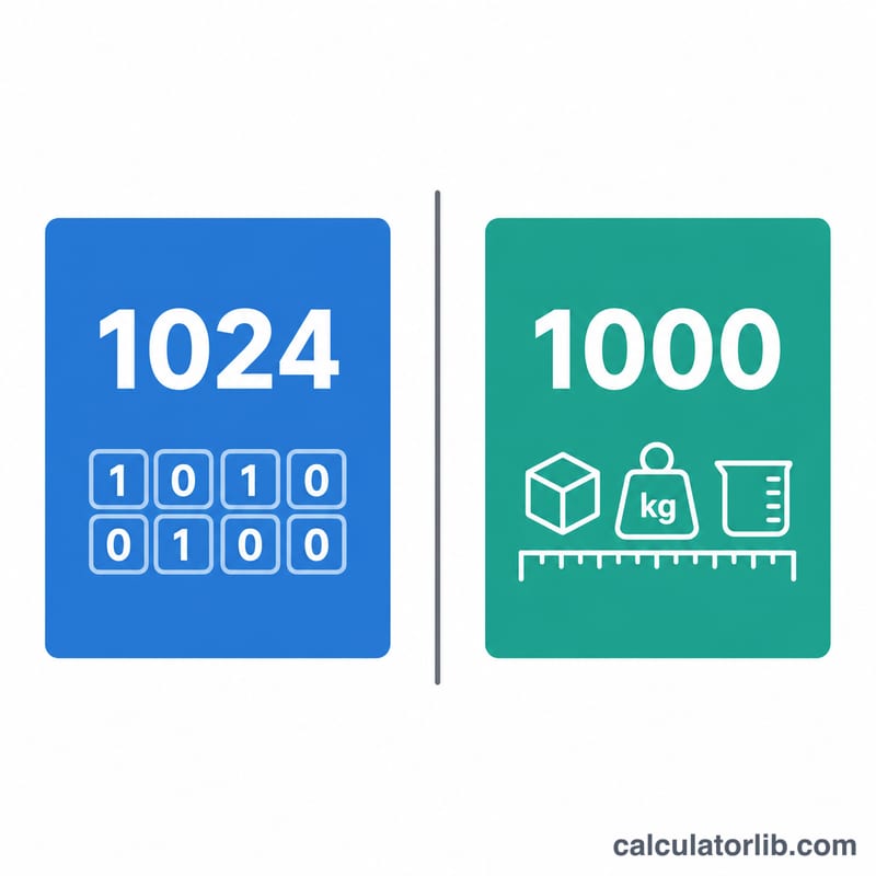 Comparison of binary base 1024 versus decimal base 1000 for converting bytes